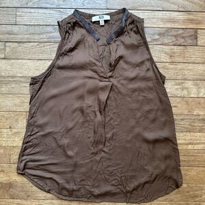 Etcetera Blouse Satin Bead Detail‎ Minimalist Chic 6 Brown Sleeveless V-neck
